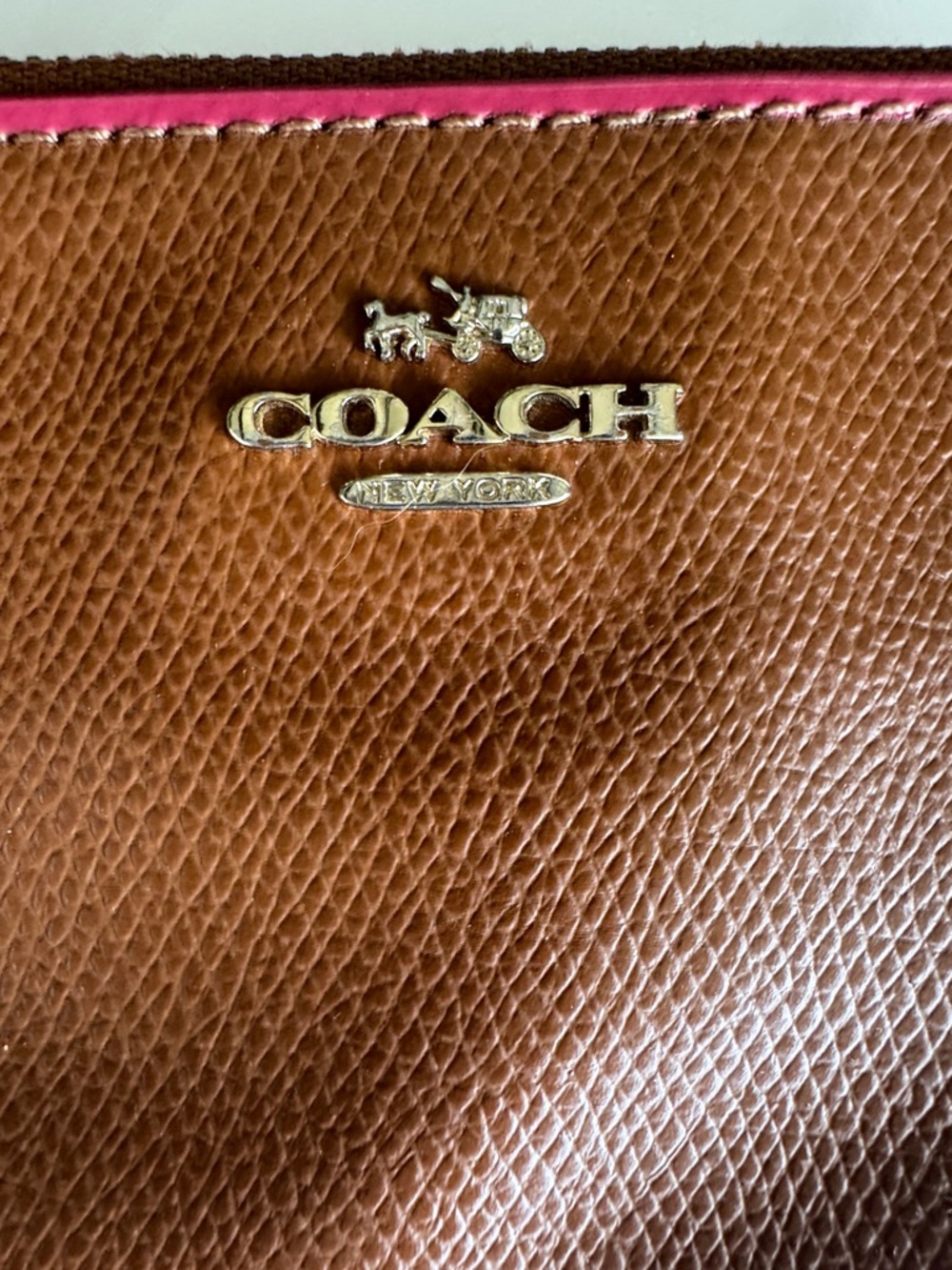 COACH Brown Double Leather Wristlet with Pink Trim - Picture 2 of 11